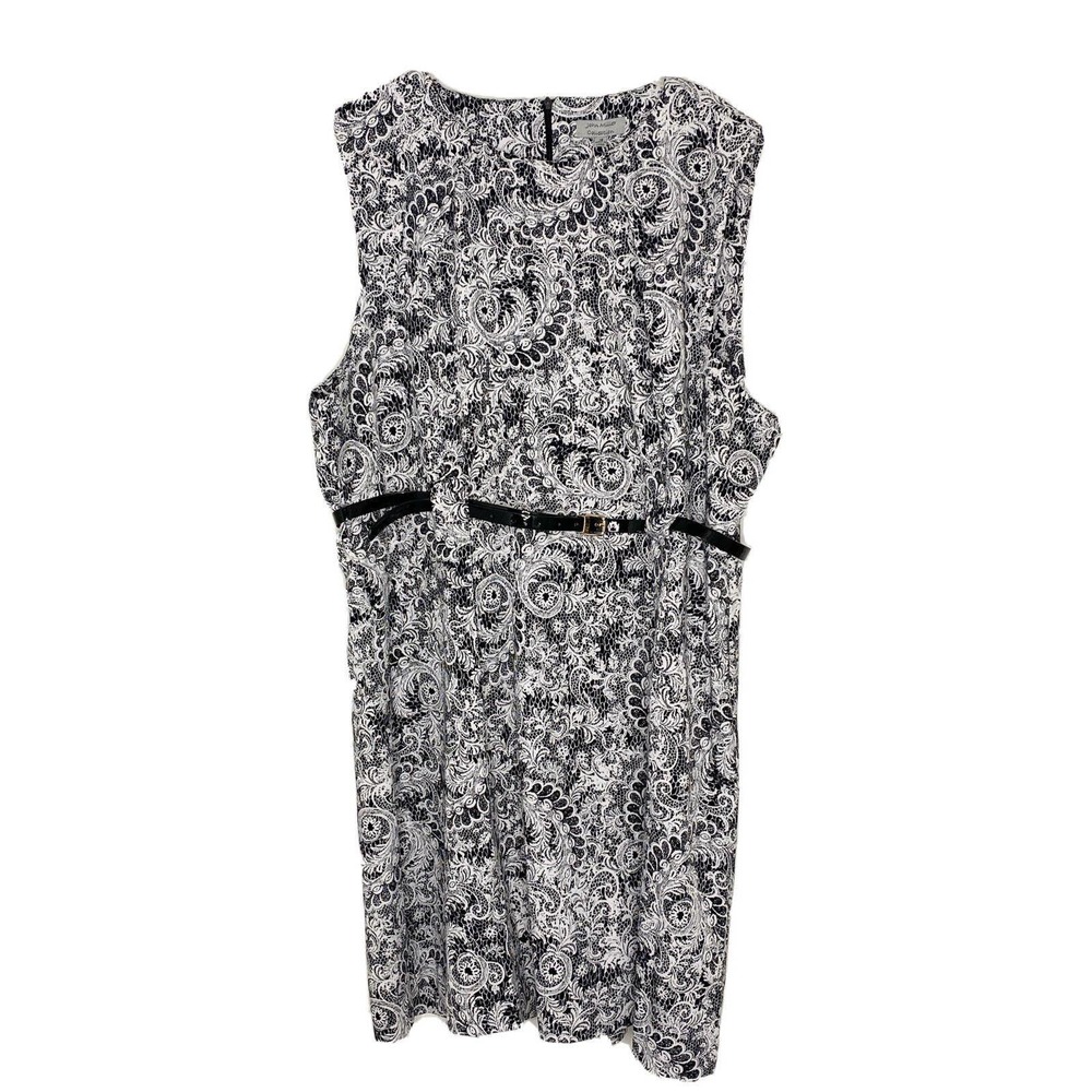 JOHN MILLER COLLECTION WOMEN Lace Print White Black Belted DRESS SIZE 18 B3 New